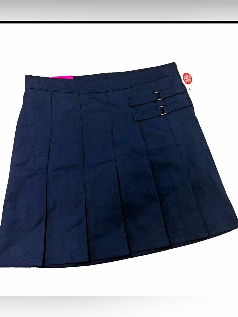 French Toast Navy Pleated Mini Skirt with Double Buckle Detail